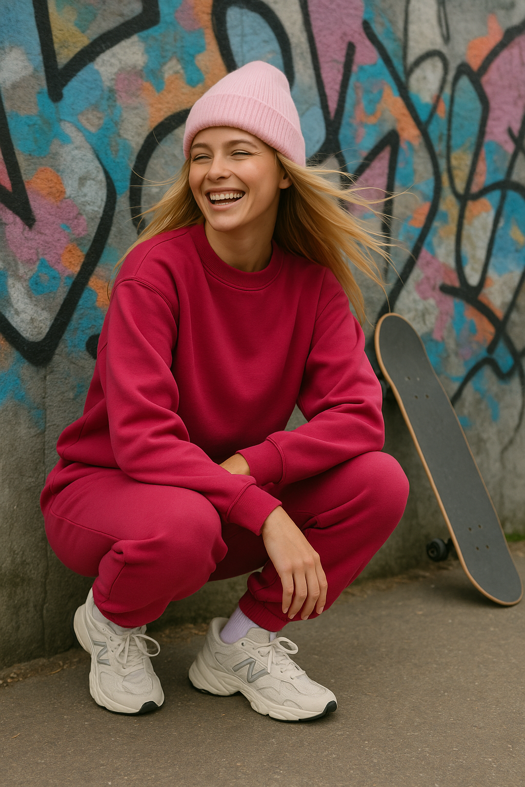 Person in pink outfit with skateboard against graffiti wall
