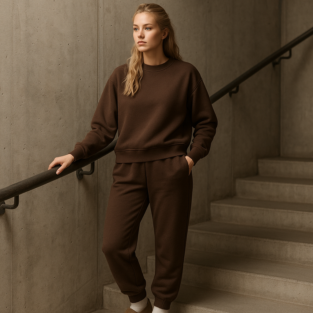 šokoladinis moteriškas treningas basic set, YVlimited šiltas šokoladinis kostiumėlis be logotipų, moteriškas laisvalaikio kostiumėlis šokolado spalvos